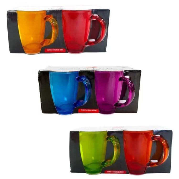 jogo Com 2 Caneca De Vidro 350ml  Kit conjunto colorido