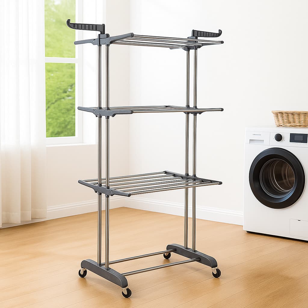 Varal de Chão Dobrável 3 Andares com Rodas 360° 6 Prateleiras  Abas Laterais  Aço Inox ABS Reforçado