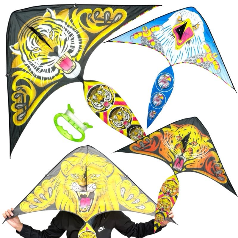 Kit 5 Pipa Sortidas Gavião Tigre Leão Águia Poliester 3d Importada + 30 Mts Linha Nylon