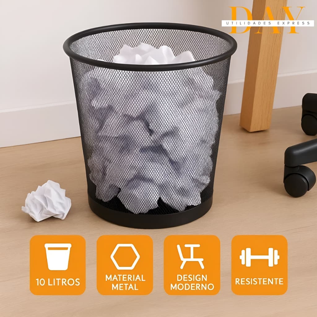 Lixeira Telada Metal Preta 10L Cesto Lixo Tela Aço Escritório Banheiro Cozinha Compacta Resistente