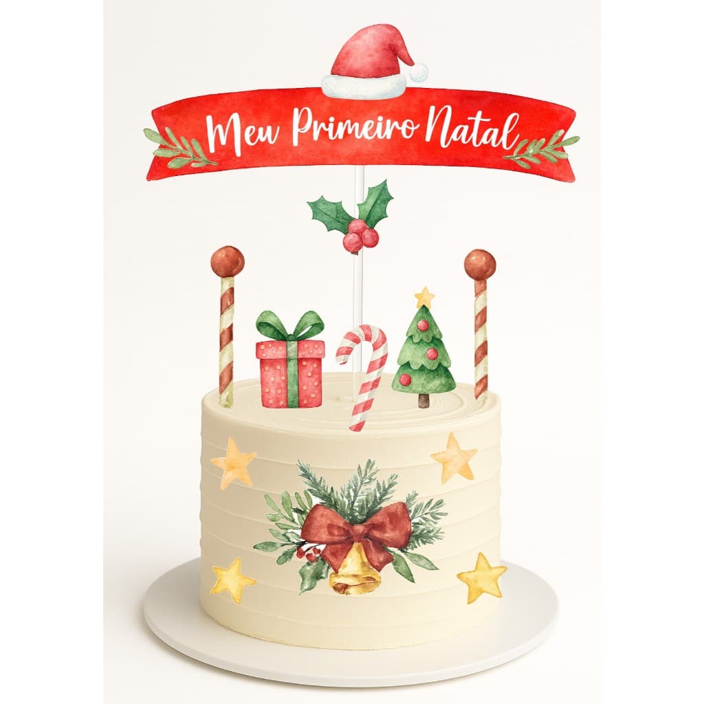 ENVIO RÁPIDO - Topo de Bolo – Meu Primeiro Natal (Aquarela)