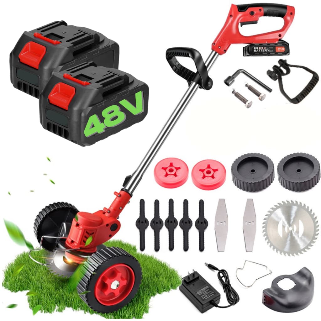 Roçadeira Aparador Cortador De Grama Elétrico Recarregável Com Rodas 2 Baterias 48v de Lítio kit completo