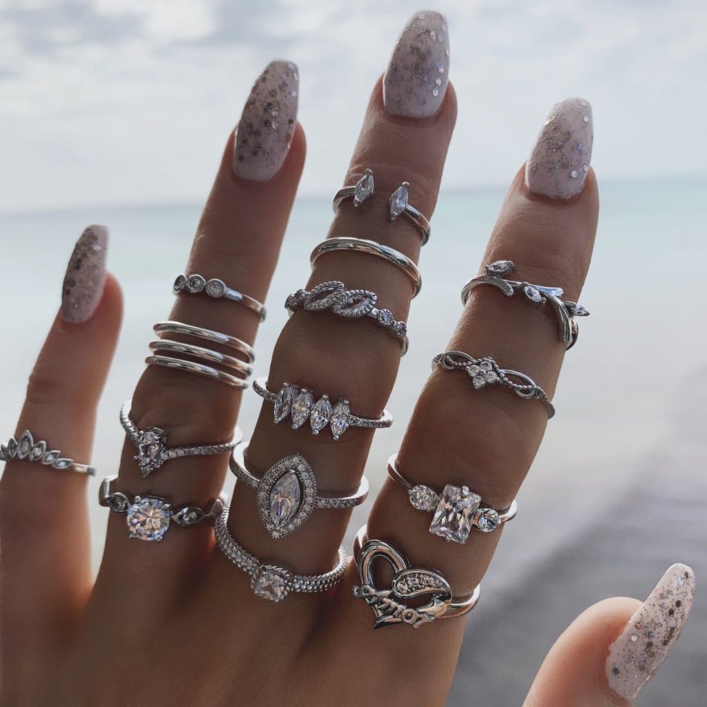Conjunto de anéis em prata 15Peças , Para Mulheres , diamante , Coração ,  Acessórios De Joia