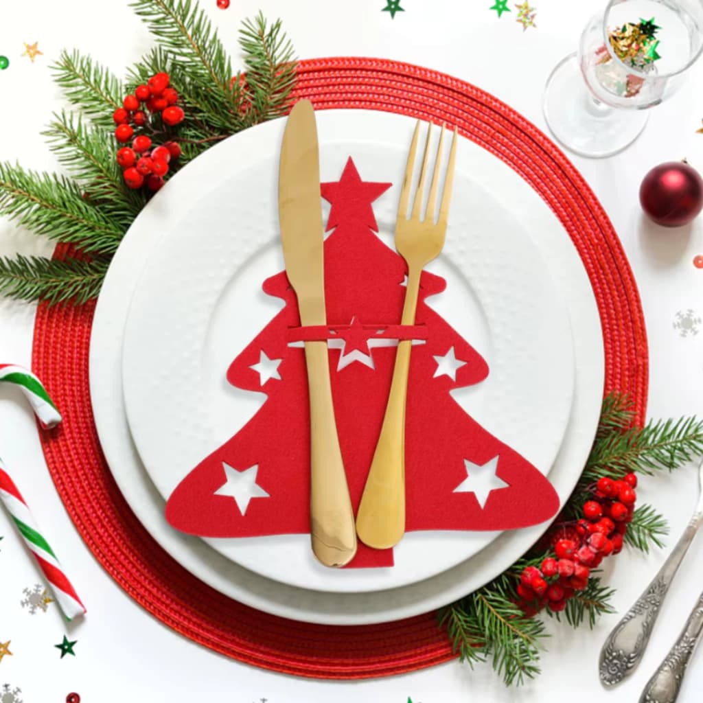 Porta talheres arvore de natal vermelho feltro para decoração de mesa 6 pç