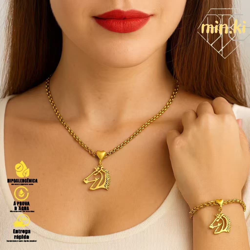 ✨ Elegância Equestre: Conjunto de Colar e Pulseira com Pingente de Cavalo em Ouro 18k