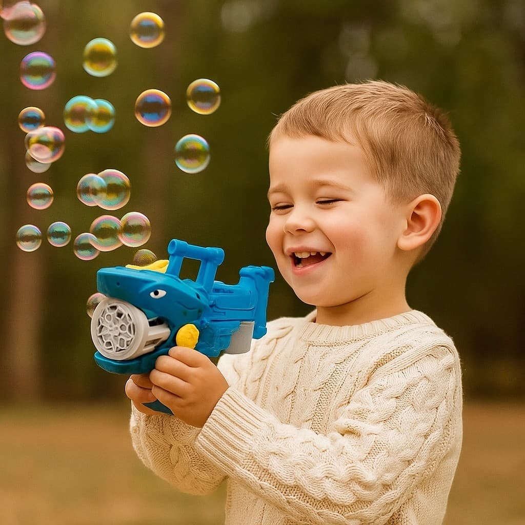 Pistola de Bolhas Tubarão Infantil – Brinquedo Divertido +500 Bolhas/Minuto | A Partir de 3 Anos