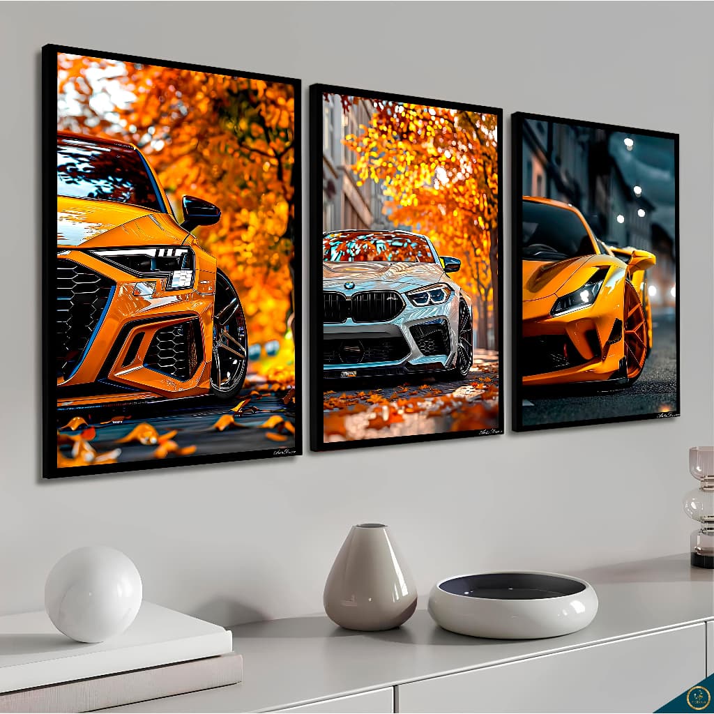 Kit Quadros Decorativos 3 Peças Carros de Luxo Para Decoração De Quarto Sala Hall Escritório Alta Qualidade 4K