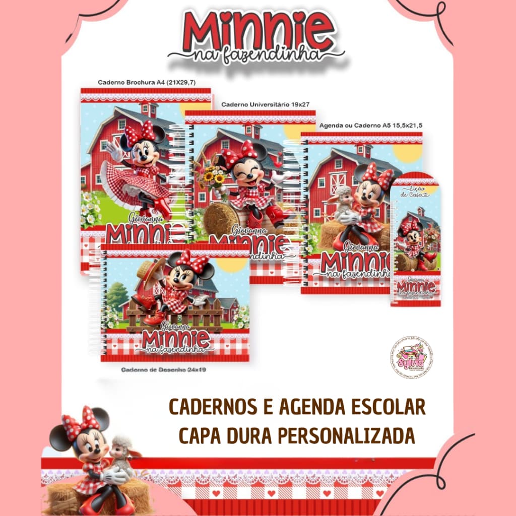 Cadernos Capas Personalizadas Minnie na Fazendinha | Agenda Escolar Infantil | Capa Dura com Nome