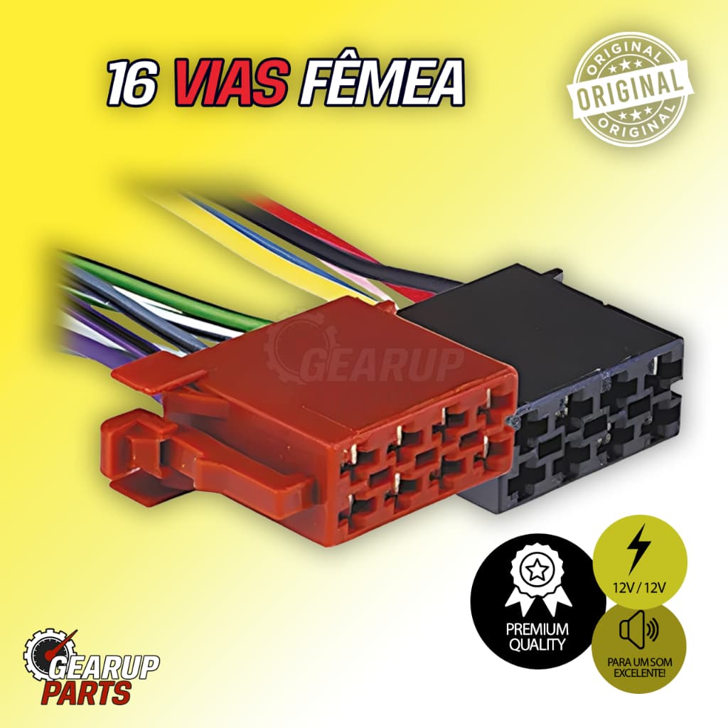 Conector 16 Vias Fêmea Automotivo Chicote  Plug  Som  Cabo Universal 16 Pinos adaptador rádio dvd