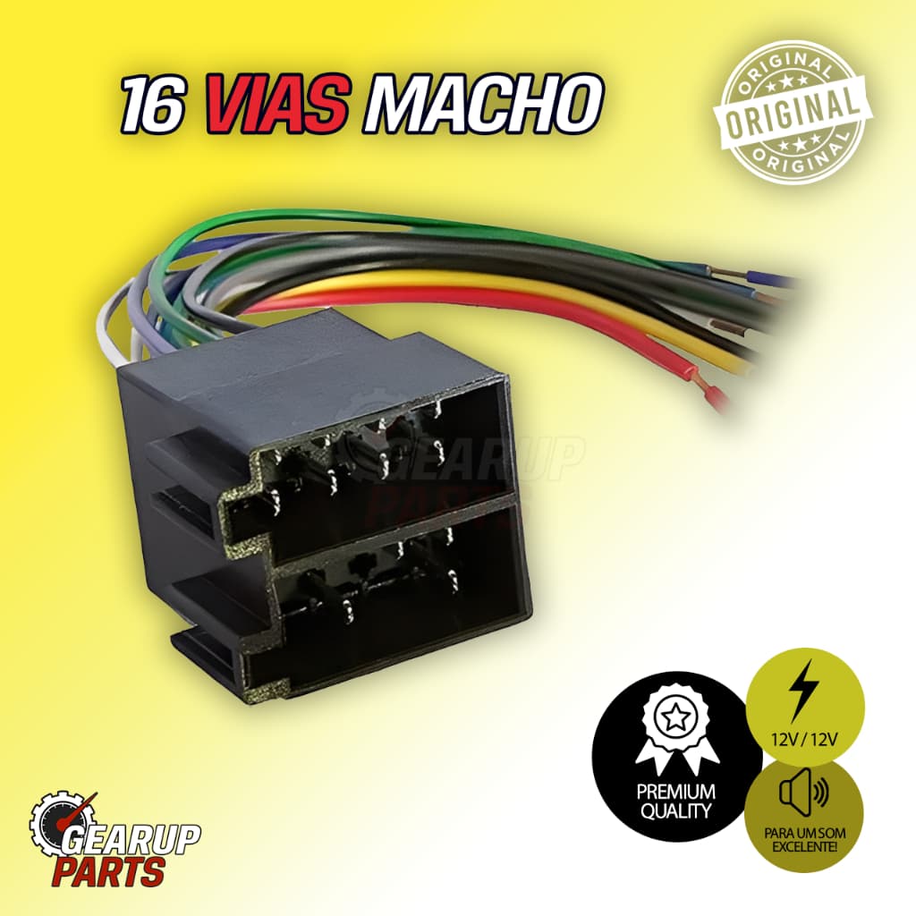 Chicote Universal 16 Vias Macho – Conector ISO para Som Automotivo Rádio Carro