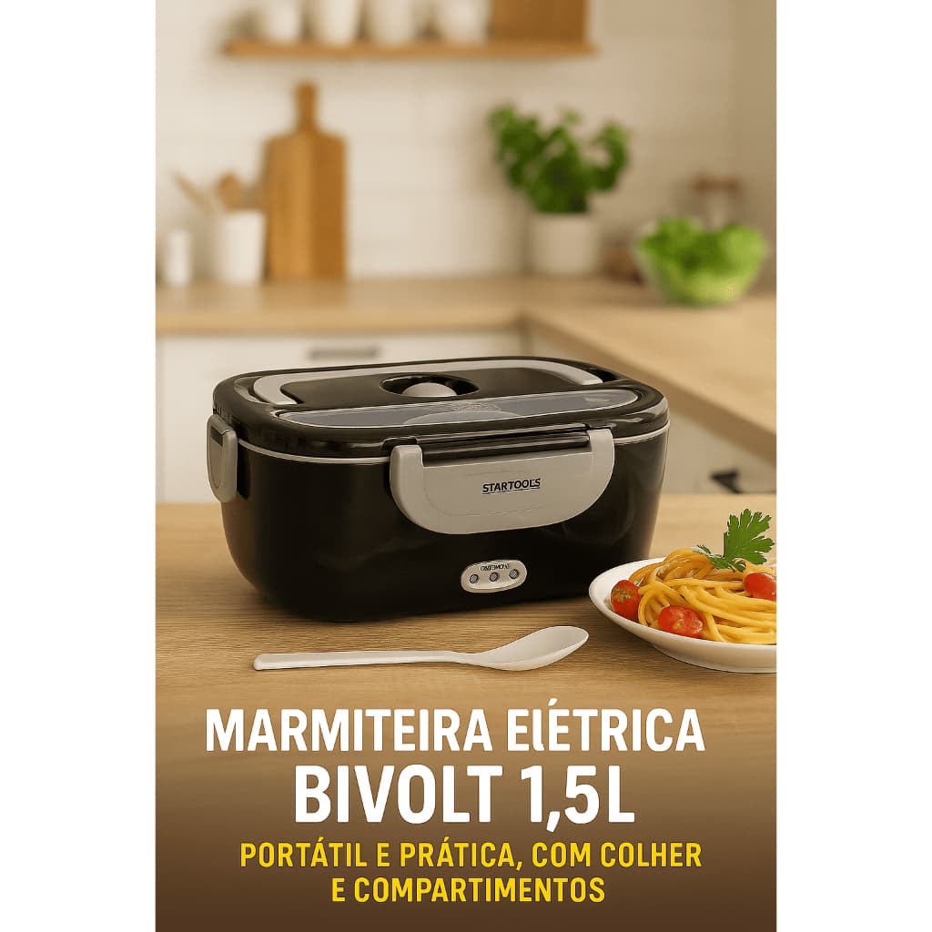 Marmiteira Elétrica Térmica Bivolt 110V/220V 1,5L Portátil com Compartimentos e Colher–Preta, comida marmita tex