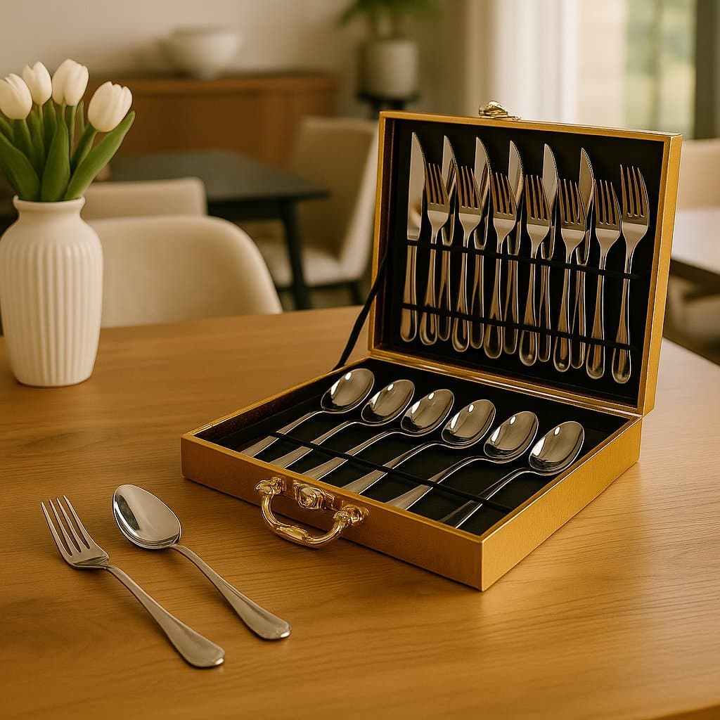 CONJUNTO VINTE E QUATRO TALHERES EM INOX COM MALETA DOURADA! ELEGÂNCIA E DURABILIDADE!