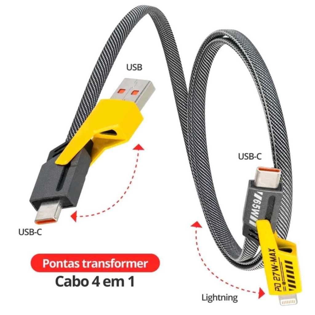 Cabos de Carregamento Turbo 4 em 1 Turbo 1 M 65W/PD 27W USB Tipo C Lightning Cabeça de Metal