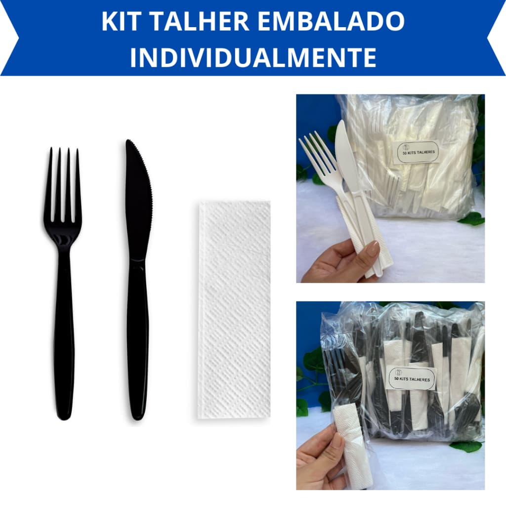 kit talher com Guardanapo descartável 100 Unid Reforçado Branco / Preto