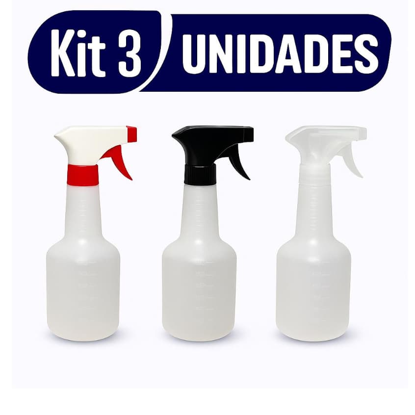 Kit 3 Borrifadores Spray 500ml com 3 Posições – Pulverizador Plástico Multiuso para Limpeza, Jardim, Cabelos e Carro