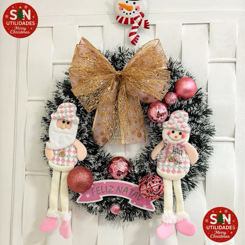 Guirlanda Rosa Artesanal Luxo Papai Noel e Boneco de Neve Decoração Natal