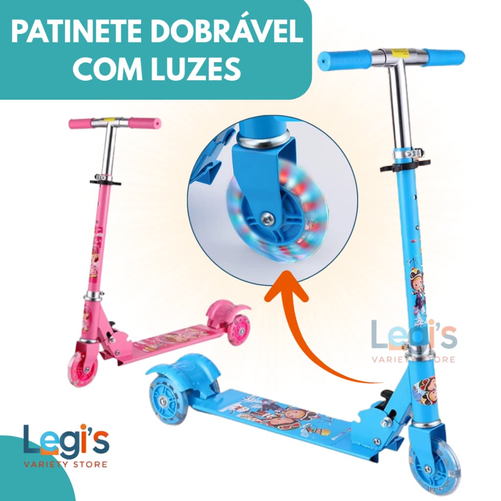 Patinete Infantil 3 Rodas LED – Dobrável e Ajustável, Ideal para Meninos e Meninas até 50kg