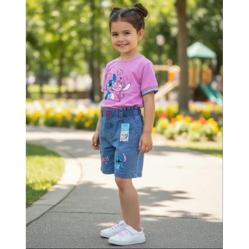 conjunto blusa e short  stitch tam anos jeans infantil menina short  jeans do stitch tam 4 6 8 10 12 14 16 anos feminino