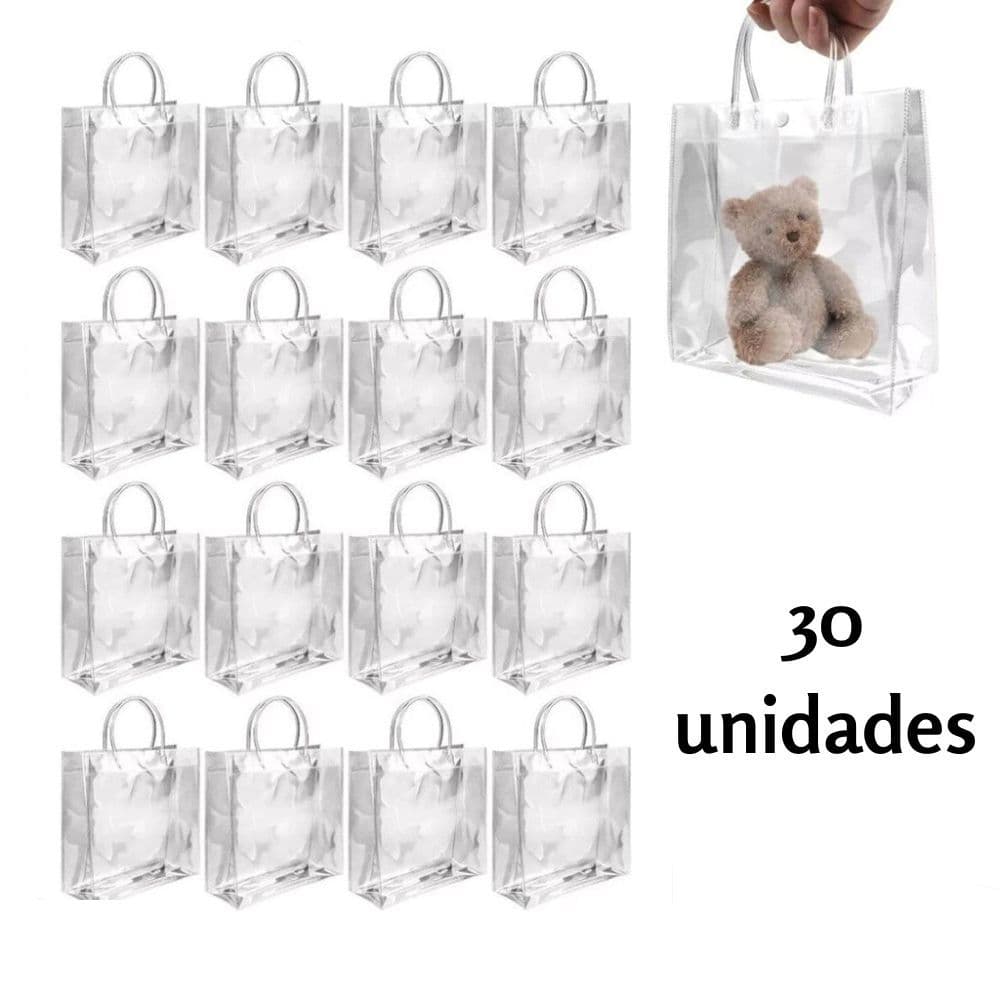 Kit Bolsa Sacola Transparente Plástico Lembrancinha Festa Com Alça E Botão