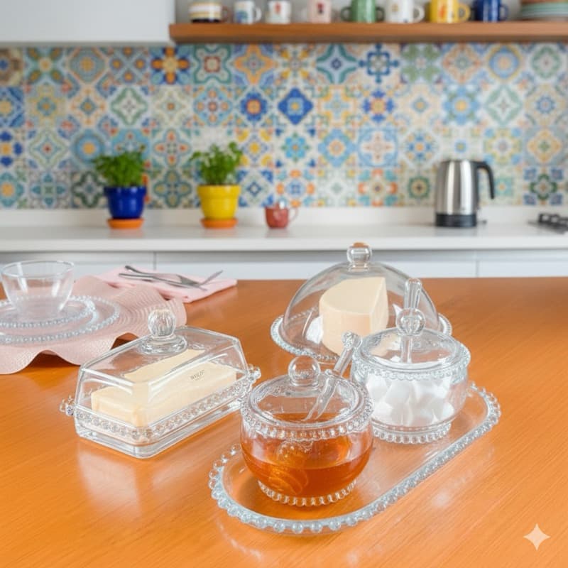 Kit 5 Itens Café Wolff Pearl Bolinhas | Queijeira, Manteigueira, Açucareiro, Meleira e Bandeja