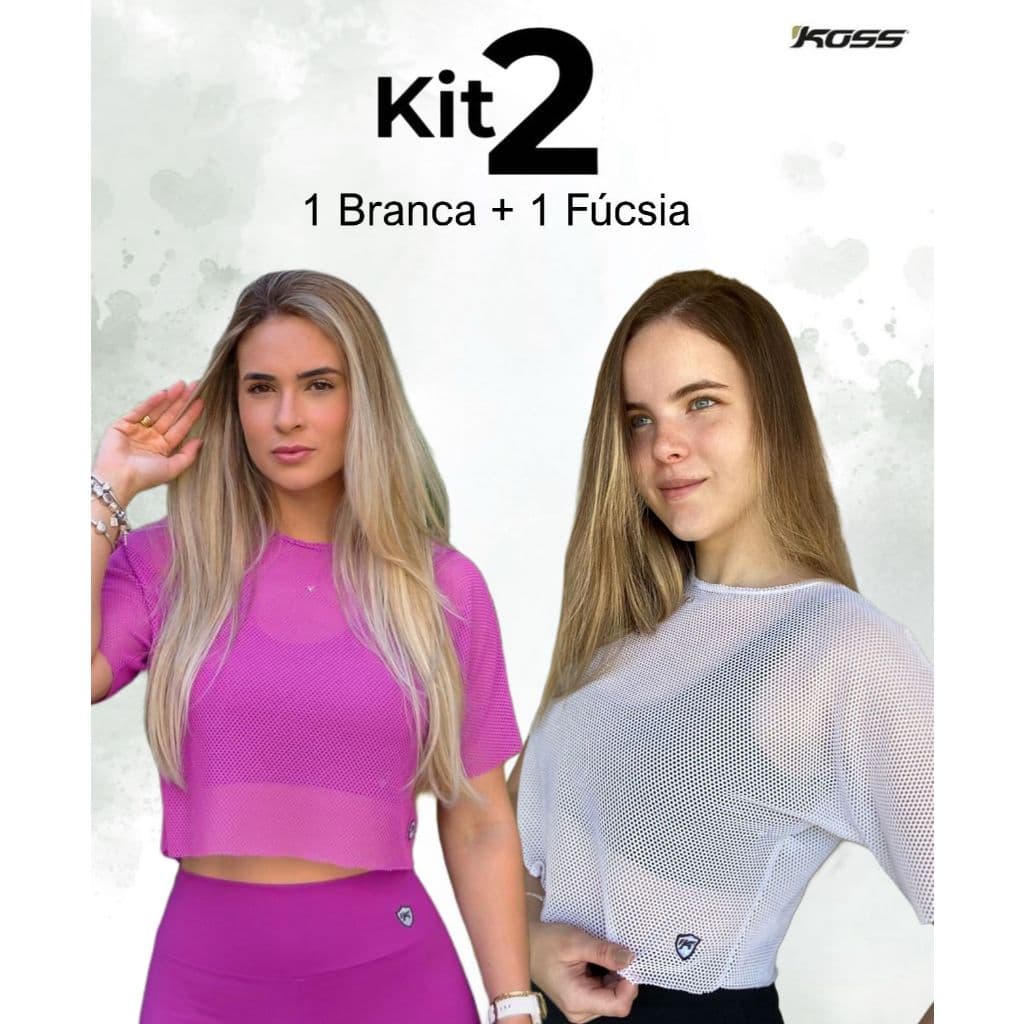 KIT 2 BLUSAS FEMININA BRANCA E FUCSIA TELA TULE ARRASTÃO TRANSPARENTE DE ACADEMIA FITNESS