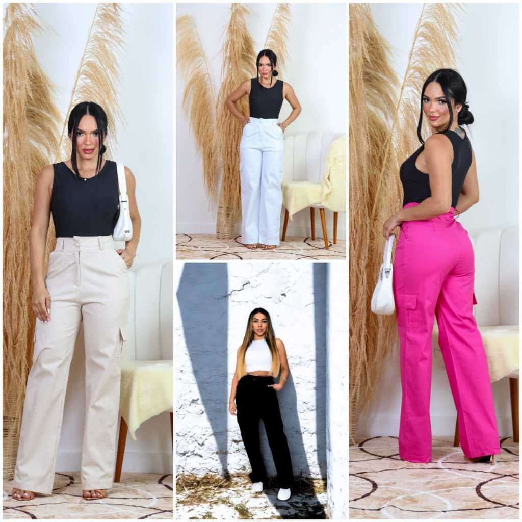 CALÇA CARGO FEMININA WIDE LEG EM SARJA COM ELASTANO