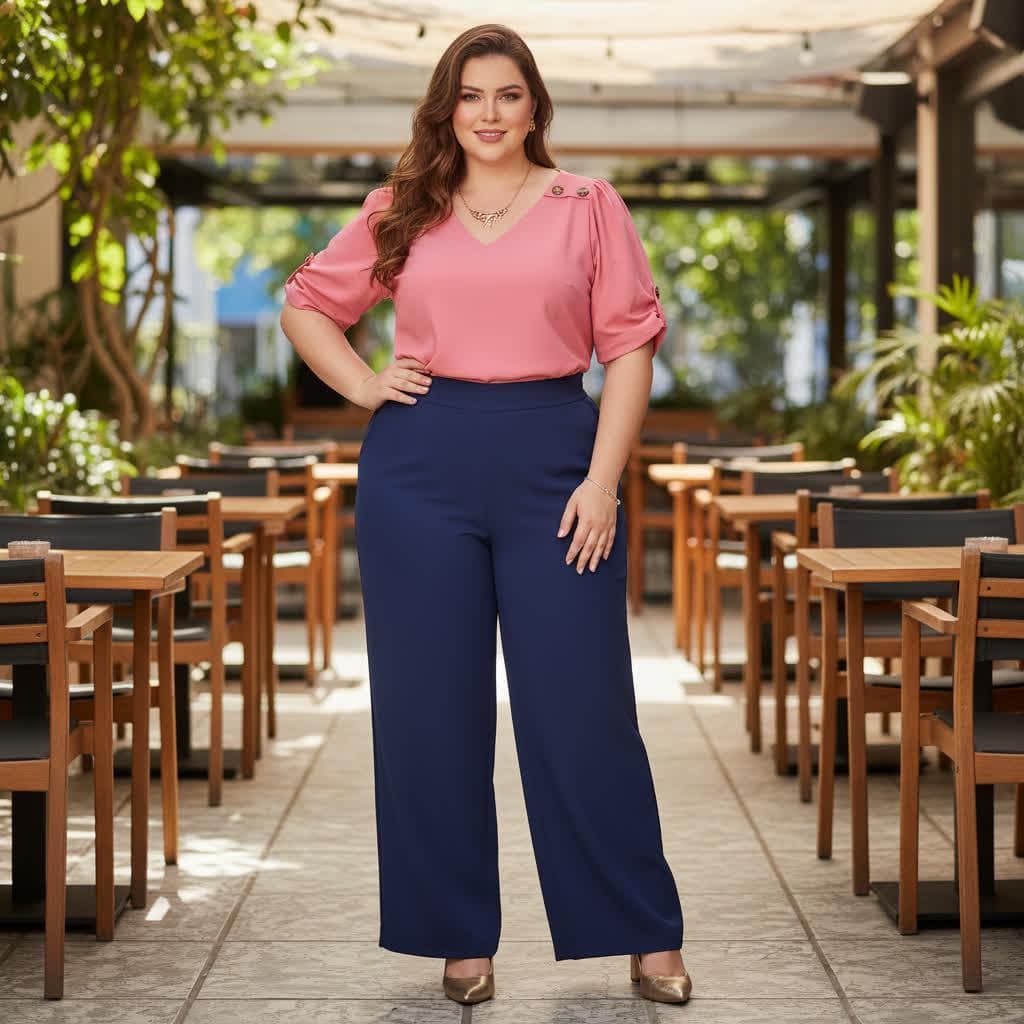Blusa Linho Plus Size Detalhe Botão Decote V Manga Curta