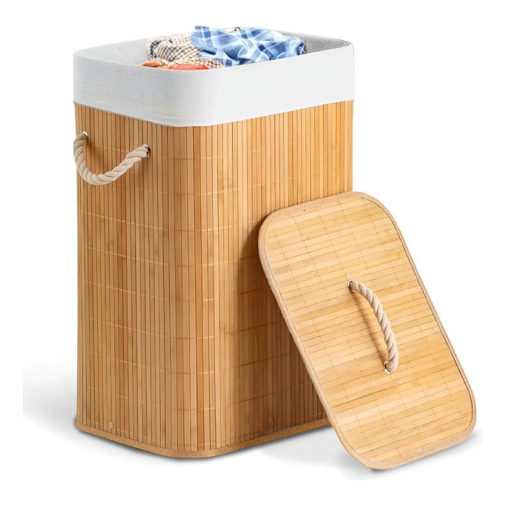 Cestos De Roupa Suja Bambu 72 Litros Lavanderia Com Tampa e Alças Forrado Grande Organizador Banheiro