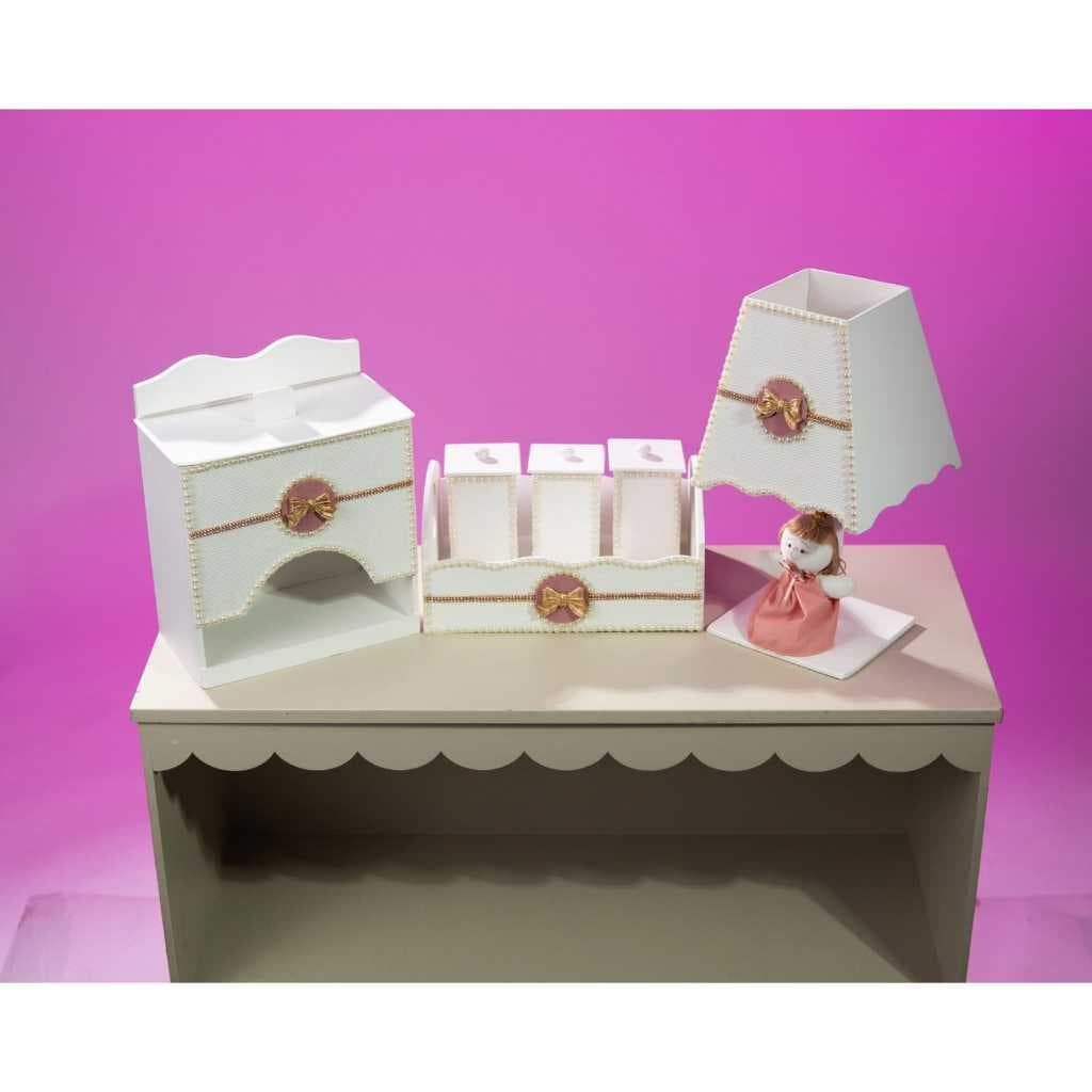 Kit higine Bebé 6 peçãs MDF Laçinho Rosa e Branco Variados