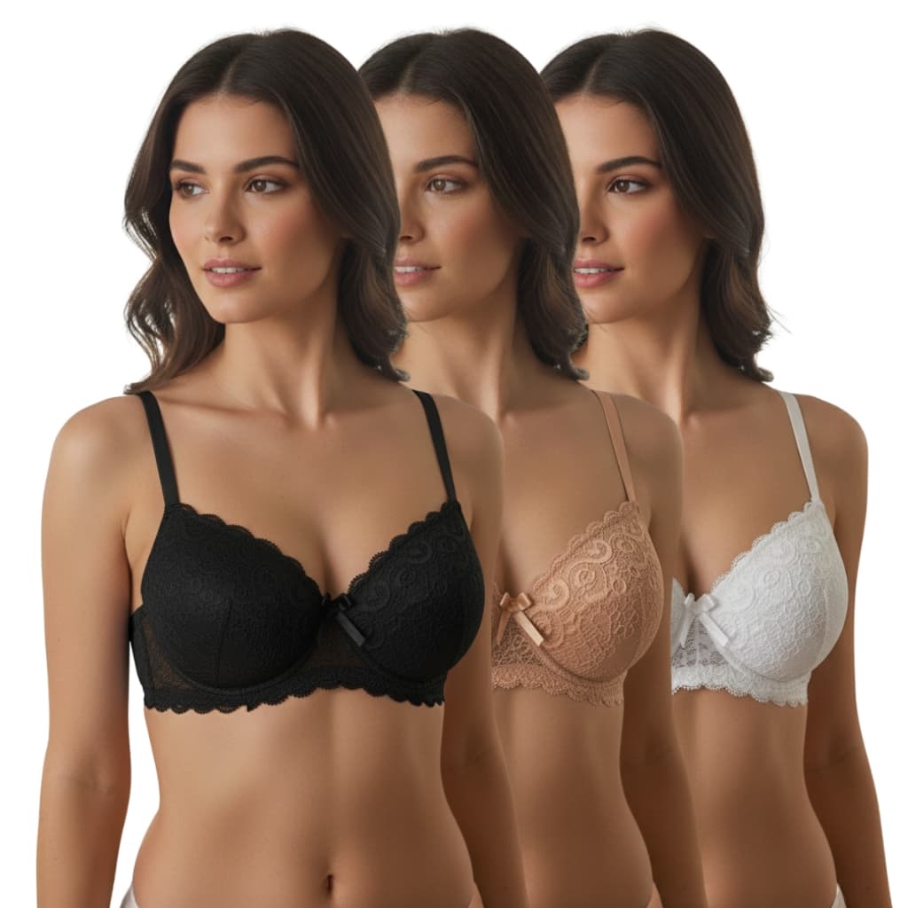 Kit 3 Sutiãs Bojo e Renda Feminino Confortável Alta Sustentação Modela o Busto