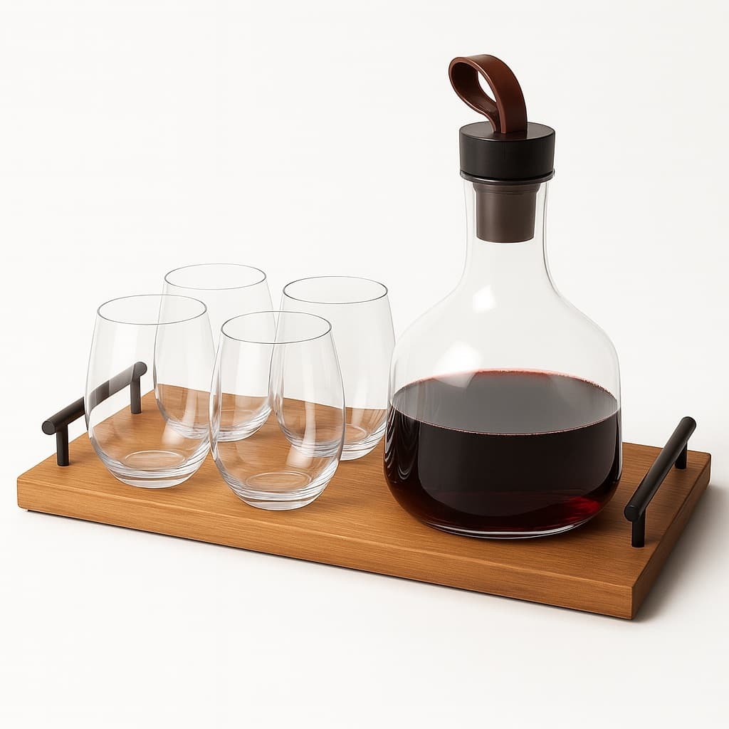 Bandeja c/ 4 Copos e Jarra – Vinho, Água, Suco, Licor - Decanter Cristal Ecológico Madeira de Acácia
