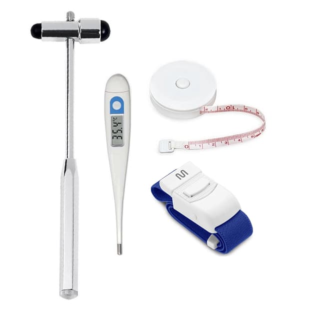 Kit Martelo Buck Inox + Trena 1,5cm + Termômetro Clínico + Garrote | Saúde/Fisioterapia/Enfermagem