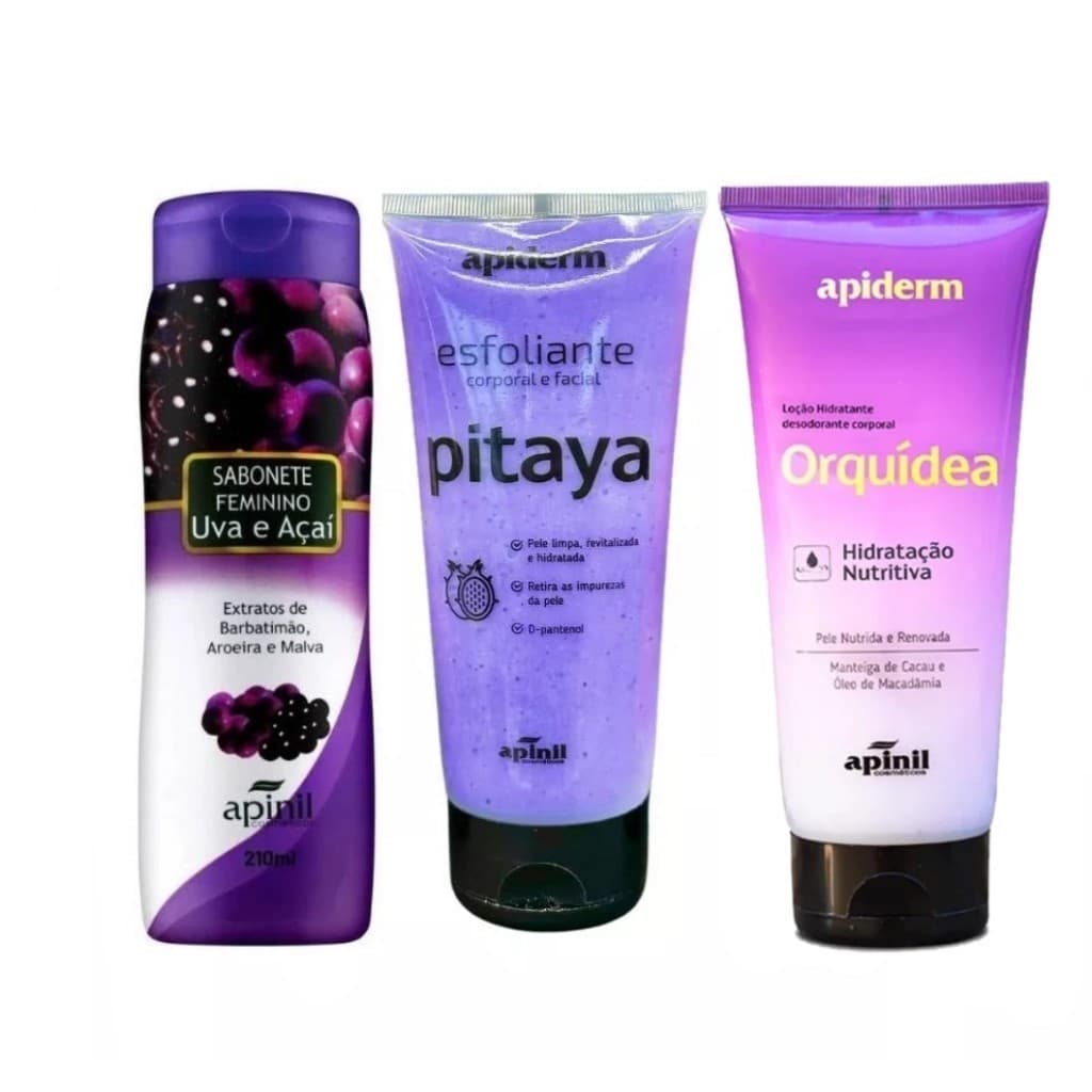 KIT Hidratante Corporal + Sabonete Líquido + Skin Care Esfoliante Corporal e Facial Apinil