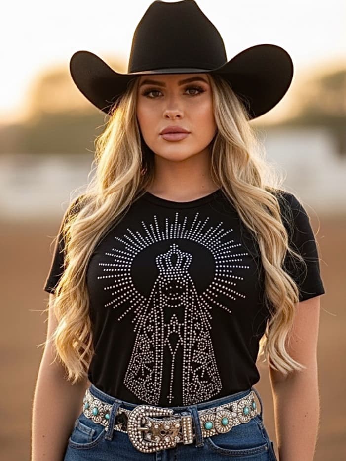 Camiseta Country Feminina Cowgirl Aparecida Boiadeira Camisa Baby Look Rodeio Festa Do Peão Texas