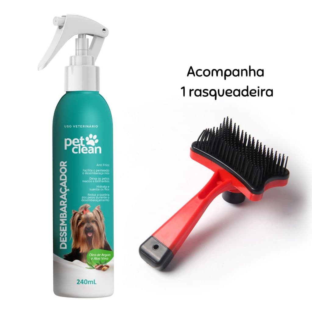 Kit Desembaraçador de Pelos 240ml Pet Clean + Escova Rasqueadeira Auto-limpante