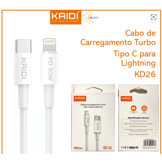 Cabo Carregamento Turbo 30W Tipo C para Lightning iPhone 1m KAIDI KD-26
