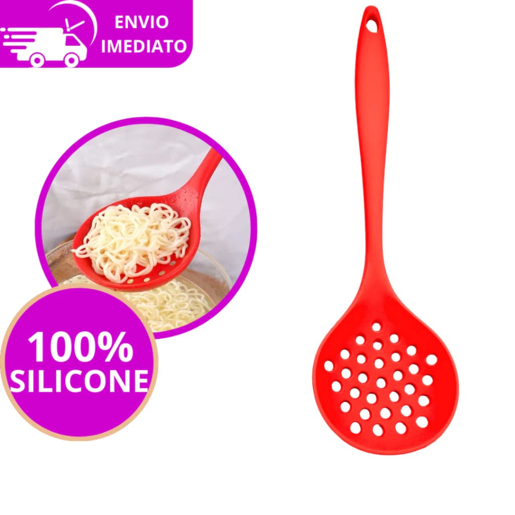 Escumadeira Silicone Vermelha Utensílio Cozinha Resistente Funcional Durável