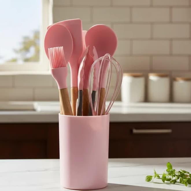 Conjunto de Utensilios Silicone 8 Peças com pinça pegadora espatula pincel culinario- Rosa