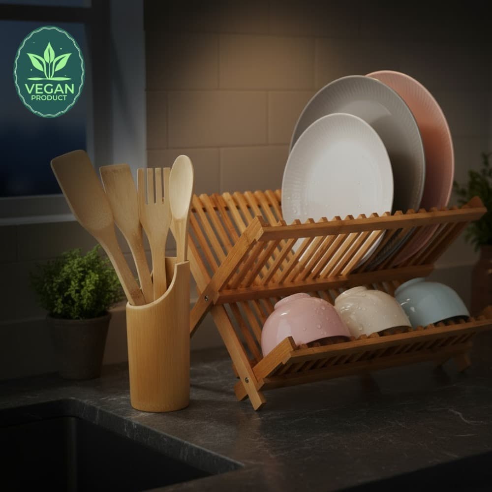 Kit Cozinha Bambu 5 Peças + Escorredor Dobrável de Bambu – Utensílios Sustentáveis e Organizador