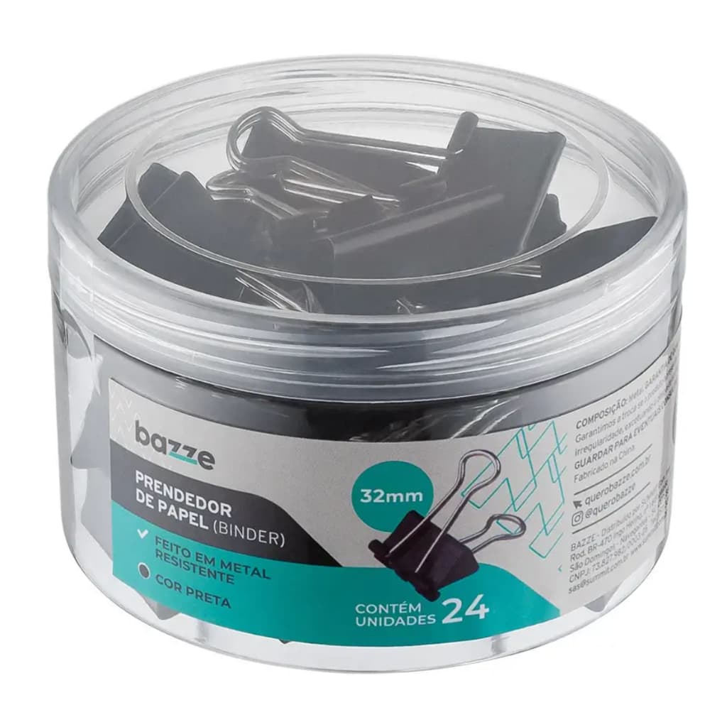 Prendedor de Papel Preto 32mm Pote C/24 un Bazze