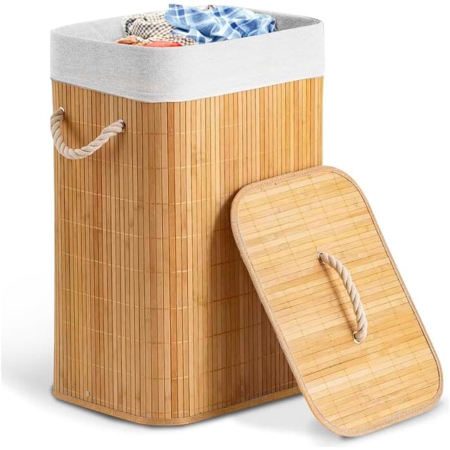Cesto de Roupas Dobrável 70L em Bambu com Tampa e Forro Removível Organizador Premium