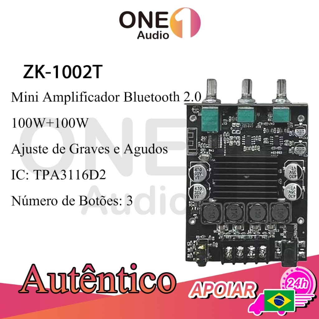 OneAudio ZK-1002T Amplificador Estéreo 100W x 2 Bluetooth 5.0 com Controle de Graves e Agudos