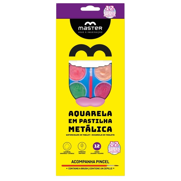 Tinta Aquarela Metálica Master 12 Cores + Pincel | Lavável, Atóxica e Ideal para Escola, Artes e Pintura Infantil