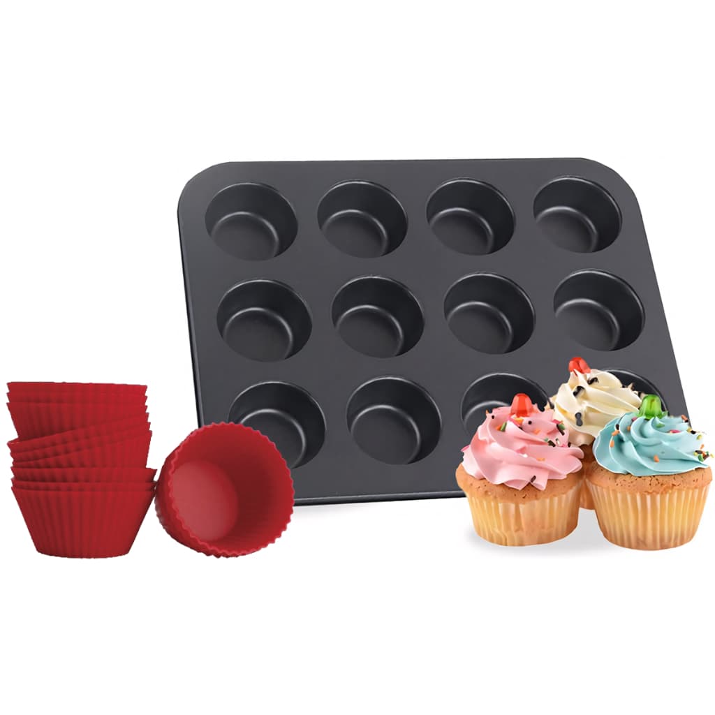 Forma Cupcake 12 Cavidades + 12 Forminhas Silicone 35x26x3cm Grafite