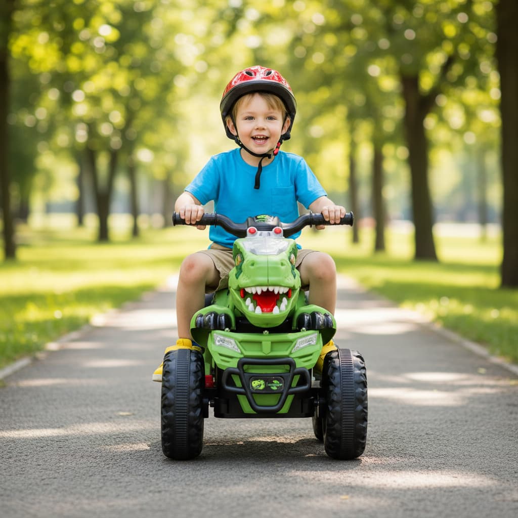 Quadriciclo Elétrico Infantil 6V Dinossauro Rex com LED, USB e Bateria Recarregável Verde