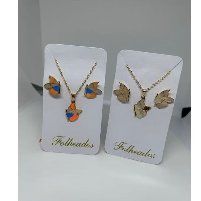 Kit Borboleta Colorida Colar e Brinco Folheado a Ouro 18K Esmaltado Acessório Feminino
