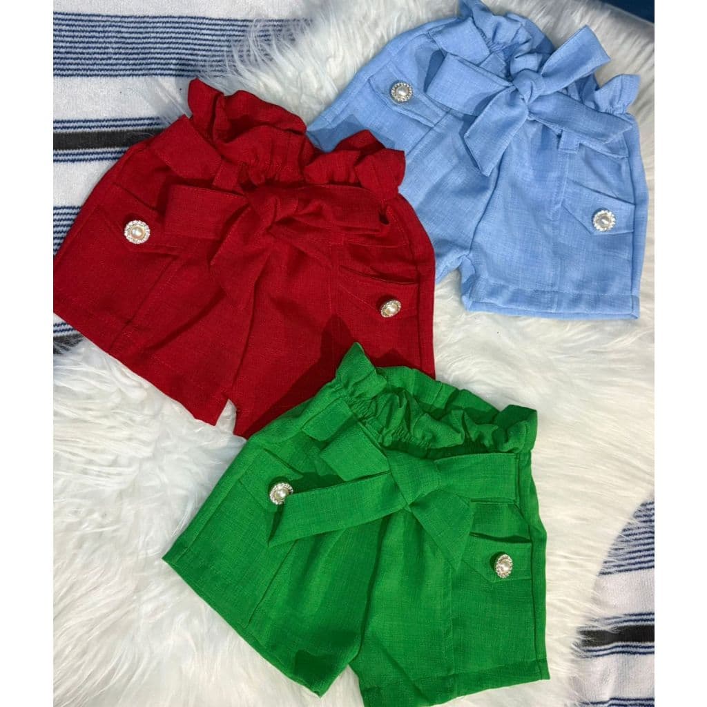 Shorts com amarração para menina, shorts infantil