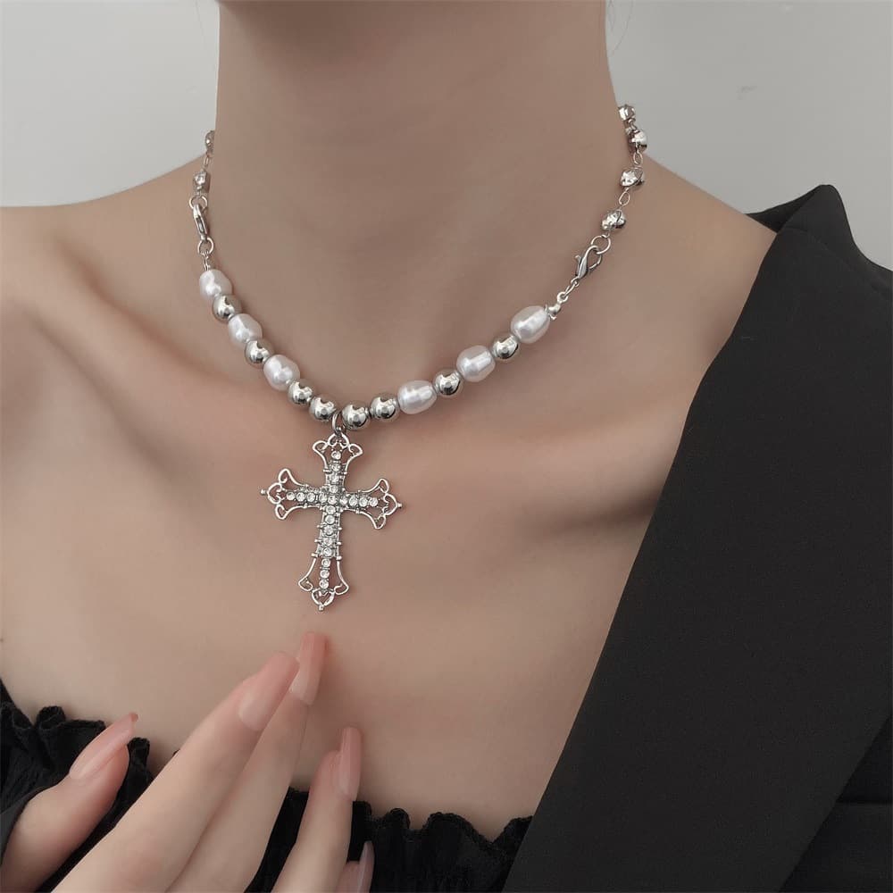 Colar De Pérolas Estilo Punk Vintage Com Cruz De Diamante Joias Elegantes Para Mulheres