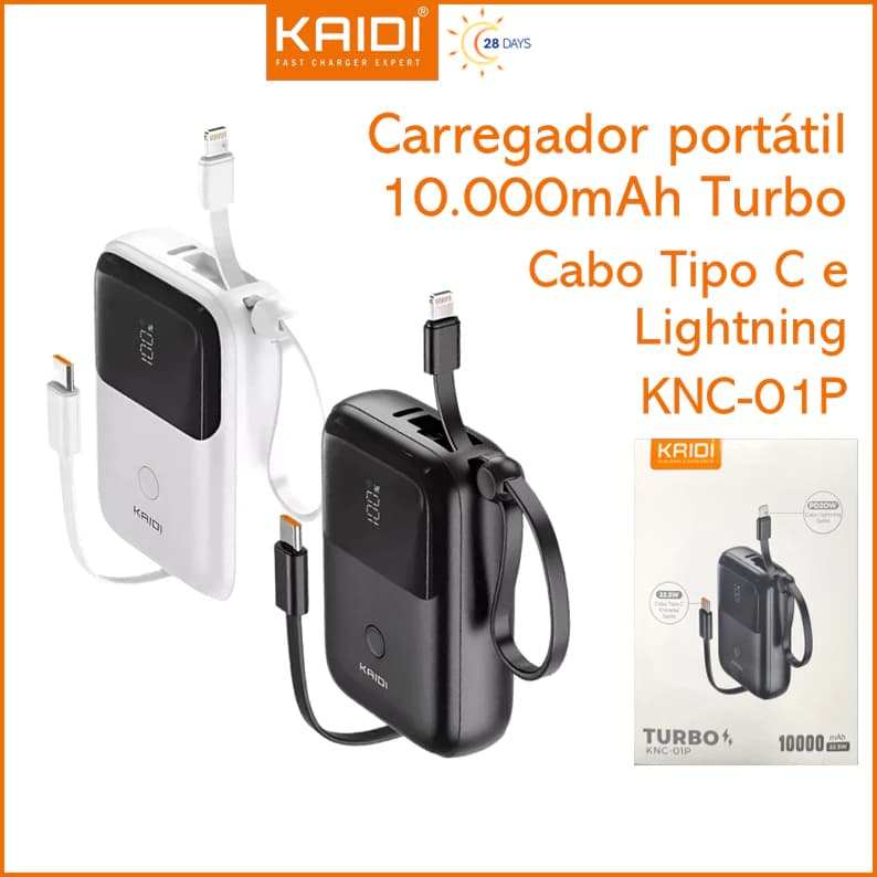 Bateria Portátil Power Bank Turbo com 2 cabos embutidos 10.000mAh KAIDI KNC-01P