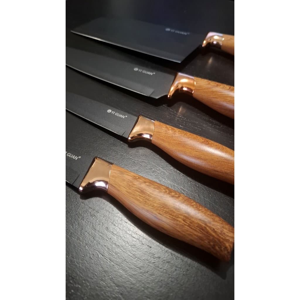 CONJUNTO DE FACAS 5 PEÇAS AÇO INOX LÂMINA PRETA CABO MADEIRA ROSE GOLD CHEF COM CUTELO
